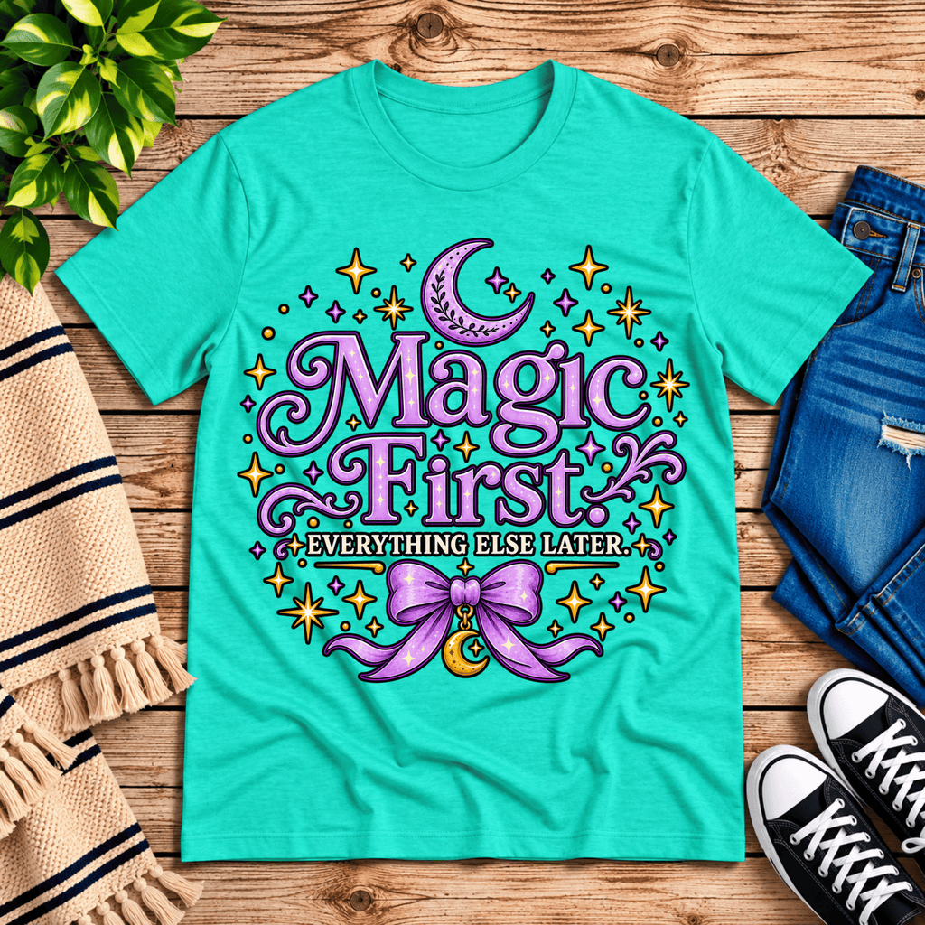 Magic First cute celestial graphic t-shirt cozy flat lay in heather sea green.