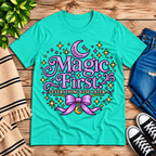 Magic First cute celestial graphic t-shirt cozy flat lay in heather sea green.