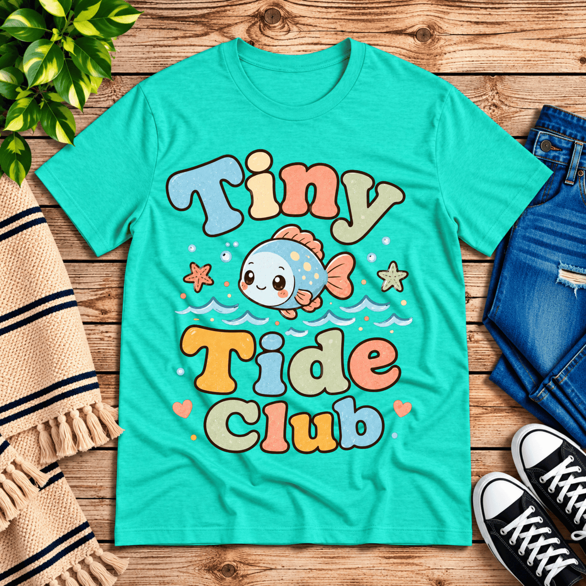 Tiny Tide Club cute animal graphic t-shirt cozy flat lay in heather sea green.