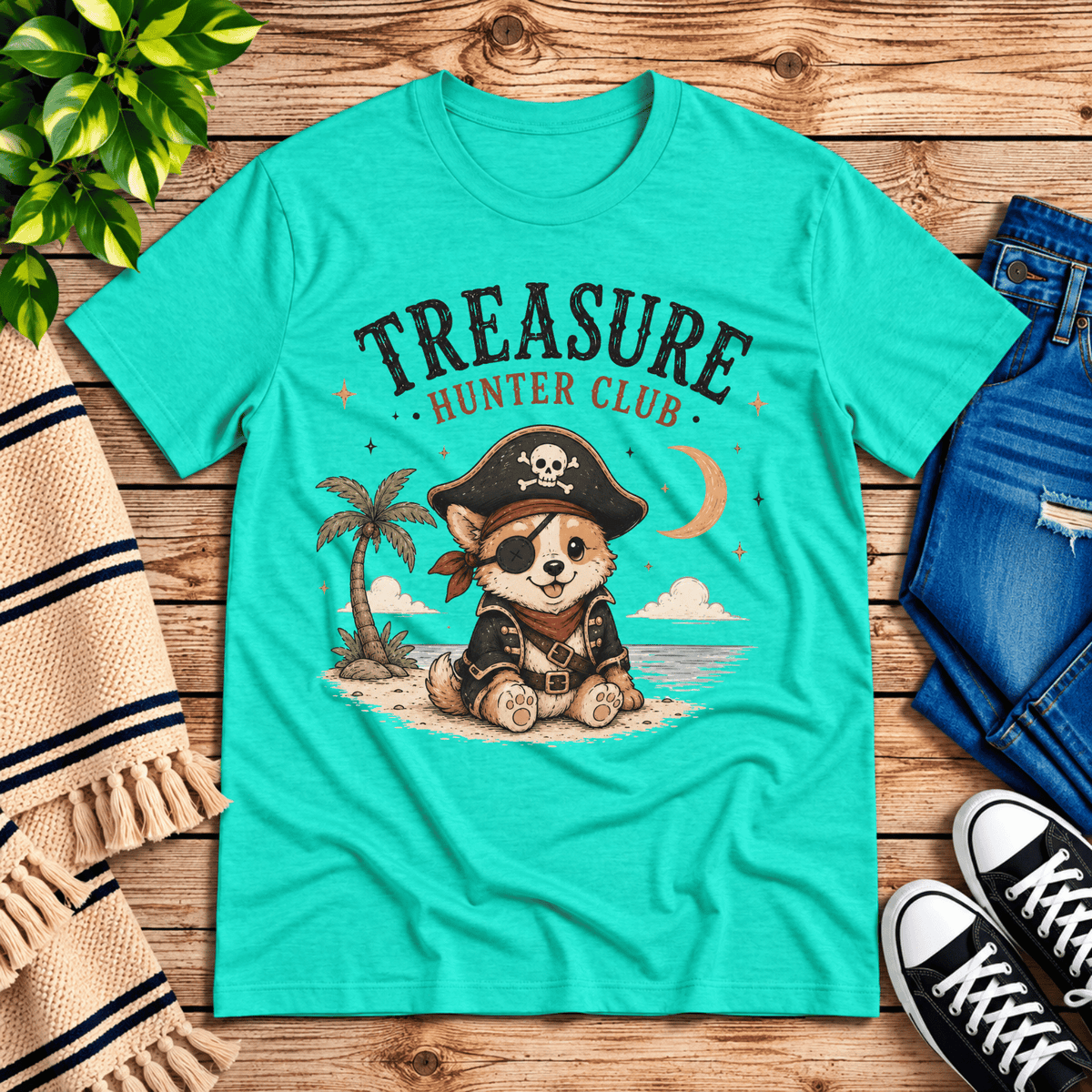 Treasure Hunter Club cute animal graphic t-shirt cozy flat lay in heather sea green.