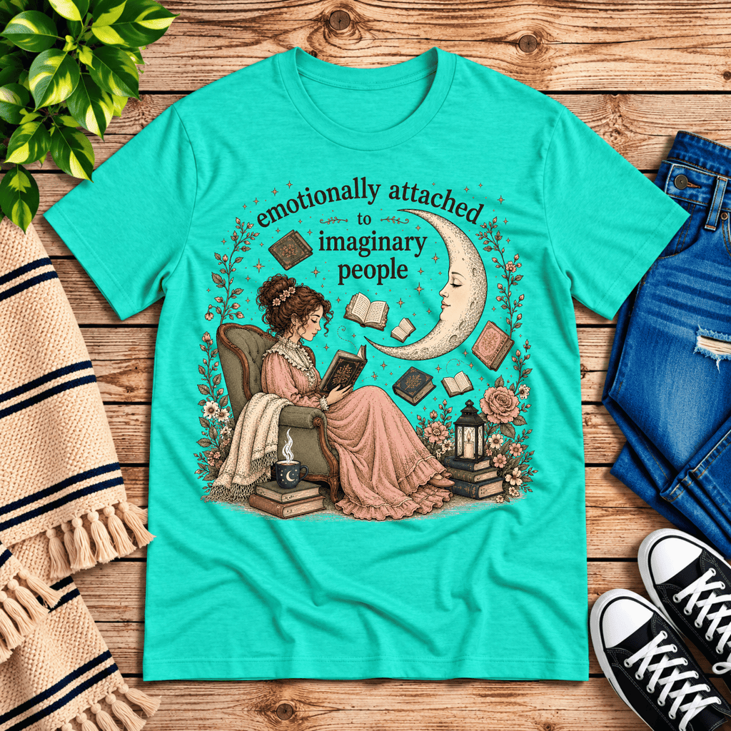 Imaginary People cute book graphic t-shirt cozy flat lay in heather sea green.