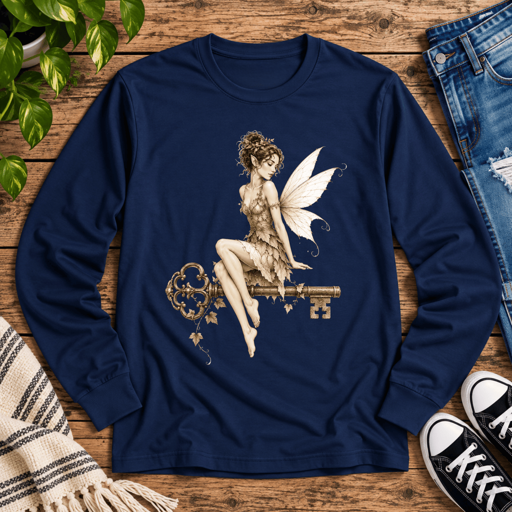 Fairy Key cute pinup graphic long sleeve t-shirt cozy flat lay in j navy.