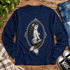 Mermaid Cameo vintage pinup graphic long sleeve t-shirt cozy flat lay in j navyl.