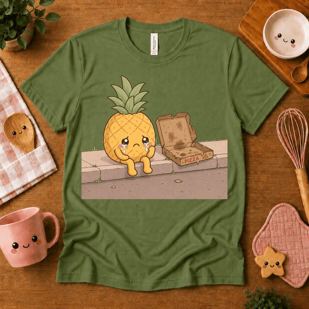 Pineapple Pizza cute food graphic t-shirt cozy flat lay in leaf.