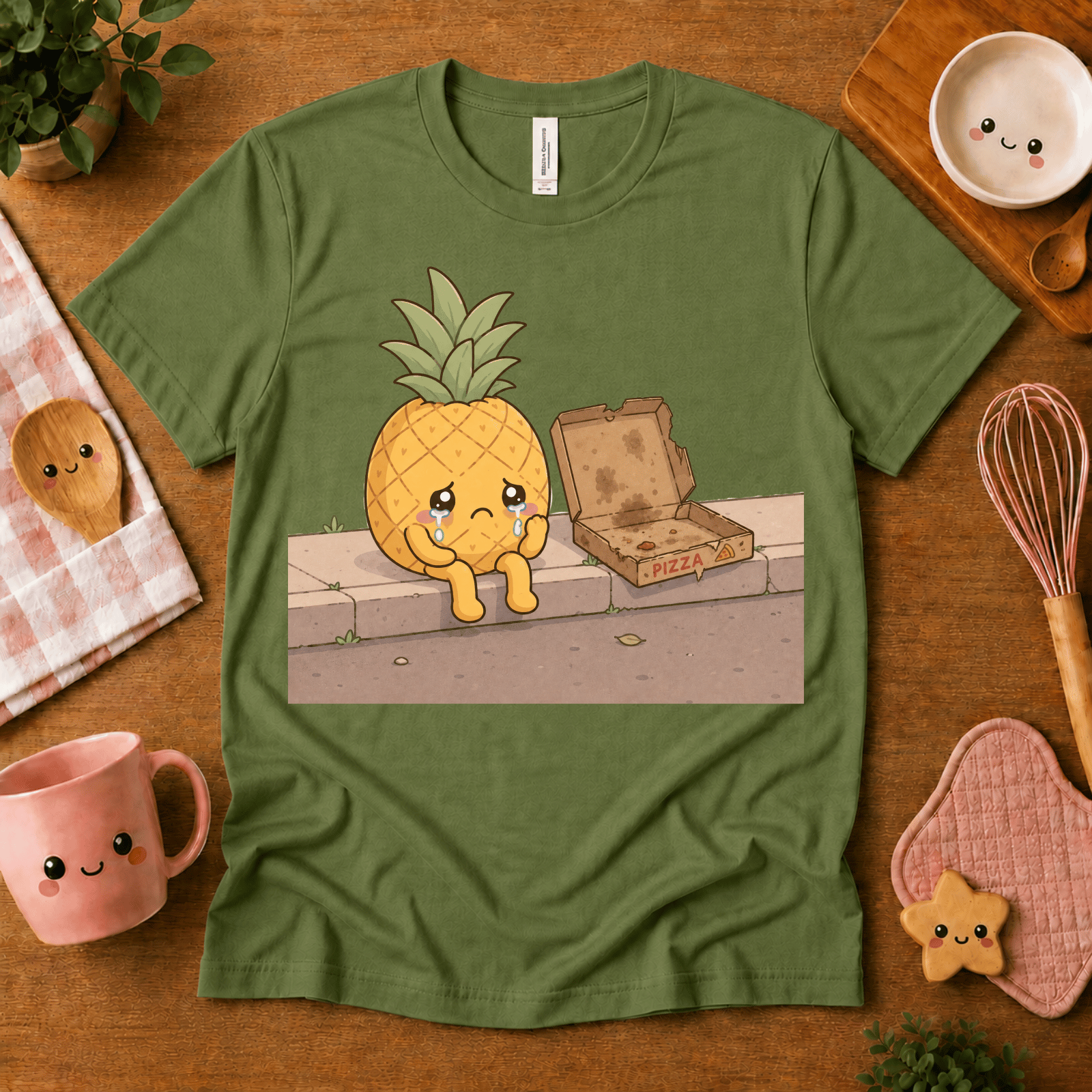 Pineapple Pizza cute food graphic t-shirt cozy flat lay in leaf.