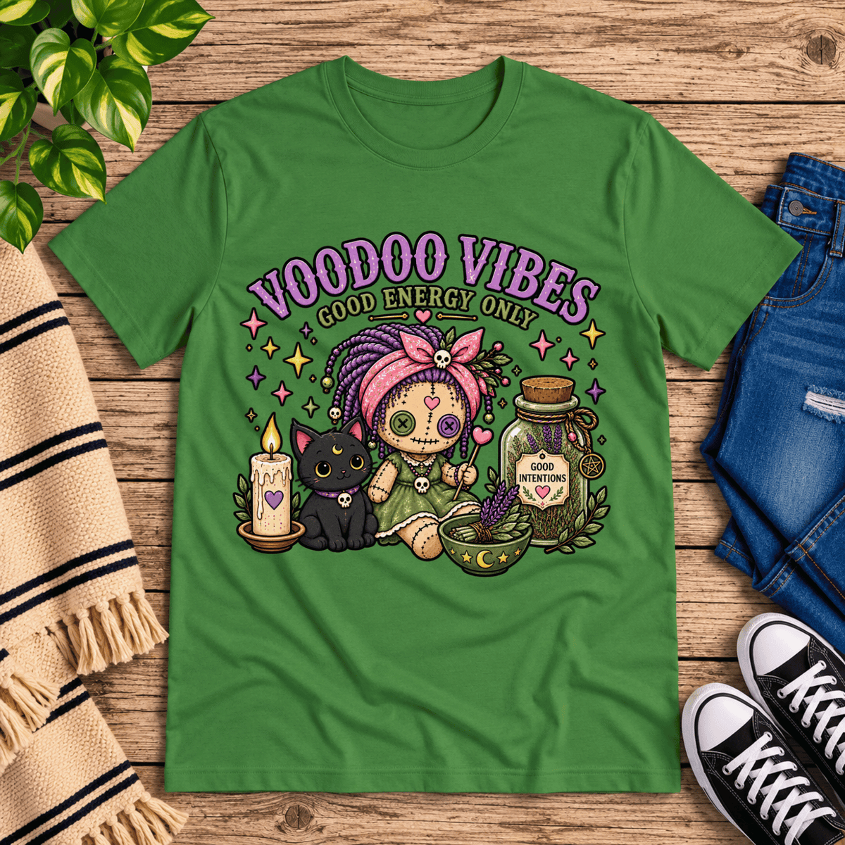 Voodoo Vibes cute magic graphic t-shirt cozy flat lay in leaf.