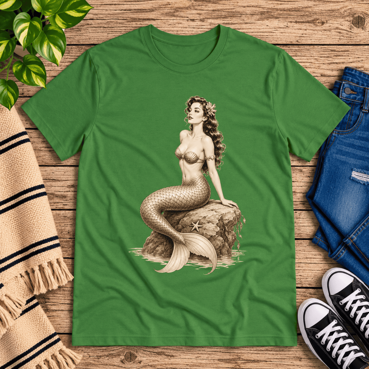 Beach Mermaid pinup graphic t-shirt cozy flat lay in leaf.