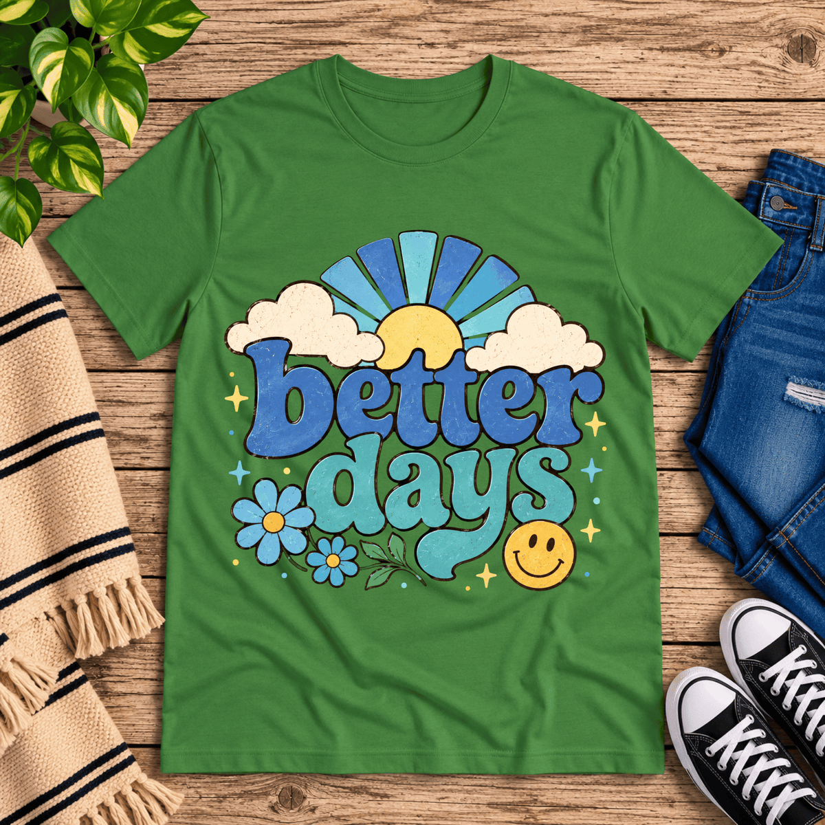 Better Days inspirational introvert graphic t-shirt cozy flat lay in leaf.