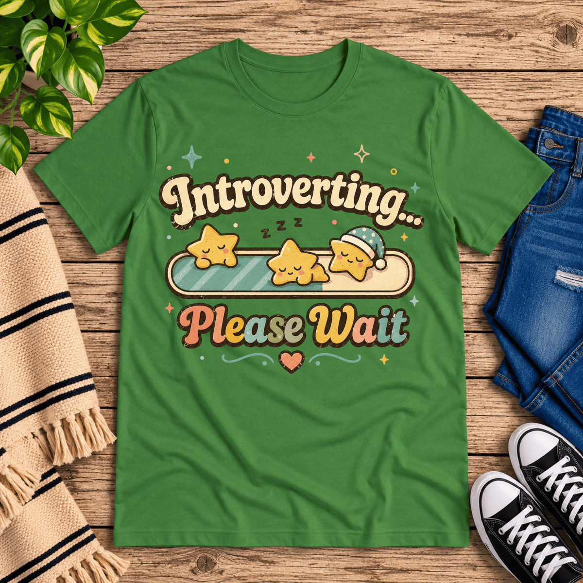 Introverting... Please wait cute kawaii  graphic t-shirt cozy flat lay in leaf.