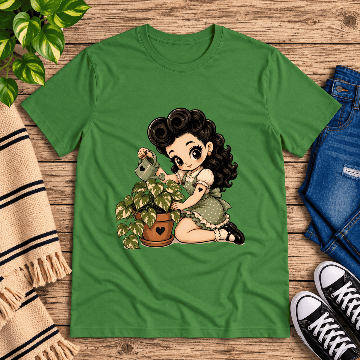 Plant Penny cute pinup graphic t-shirt cozy flat lay in leaf.