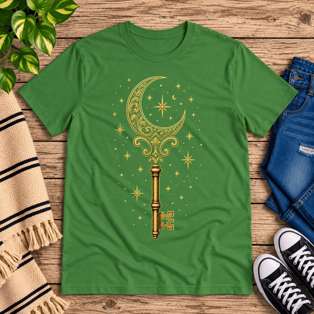 Moonlight Key whimsical celestial graphic t-shirt cozy flat lay in leaf.