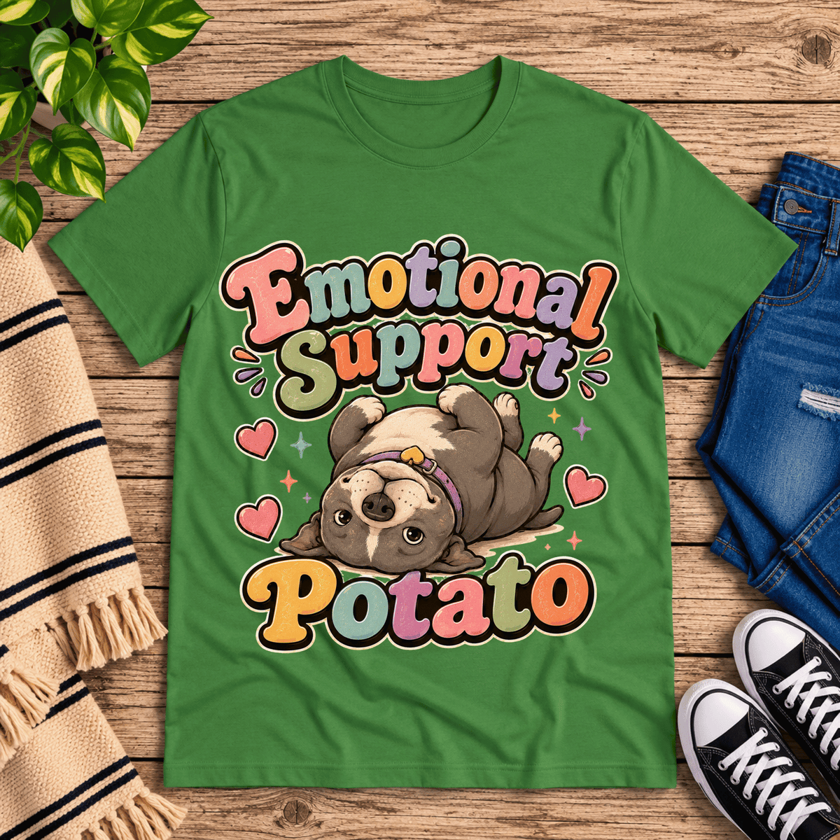 Emotional Support Potato cute animal graphic t-shirt cozy flat lay in leaf.