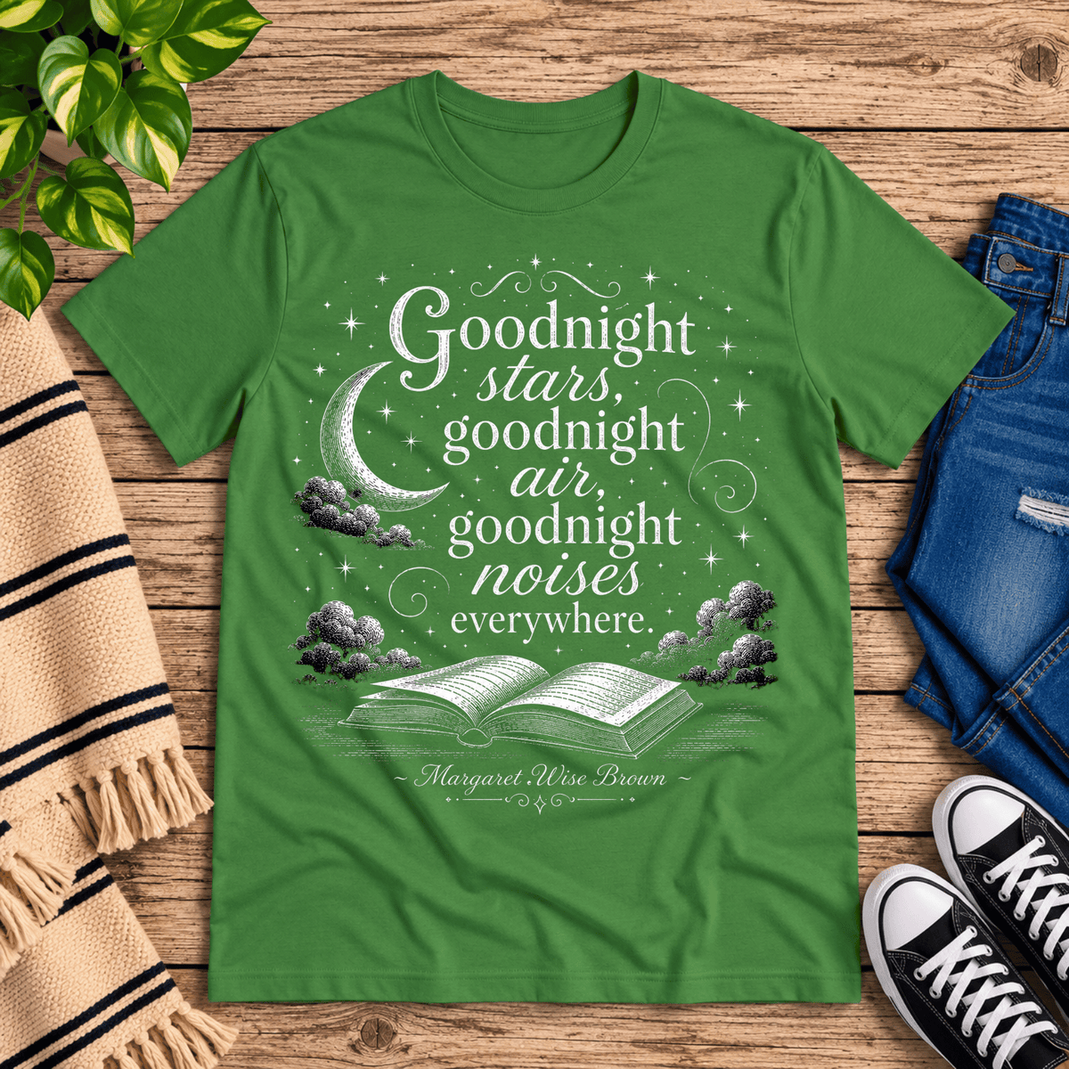 Goodnight Stars book quote graphic t-shirt cozy flat lay in leaf.