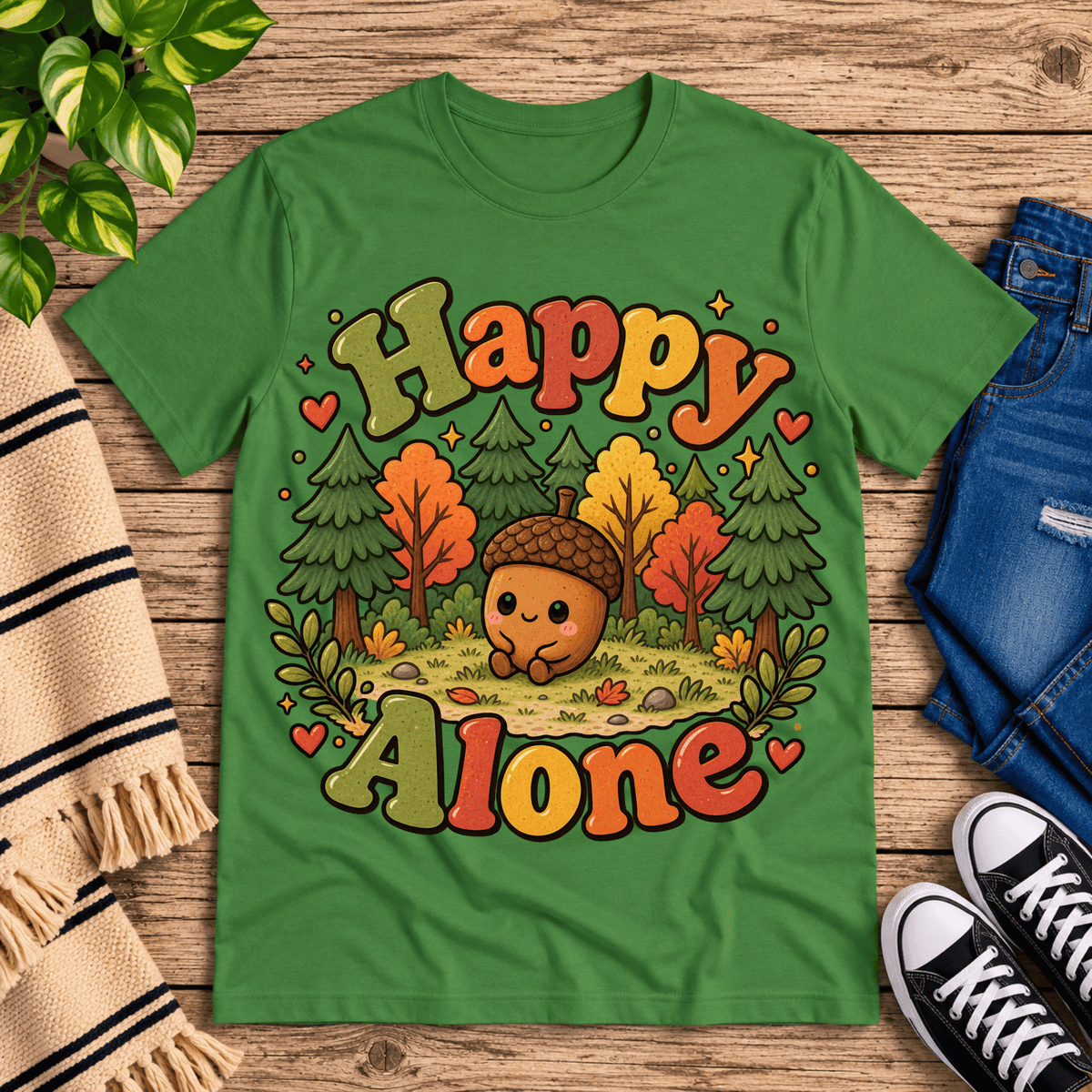Happy Alone cute nature graphic t-shirt cozy flat lay in leaf.