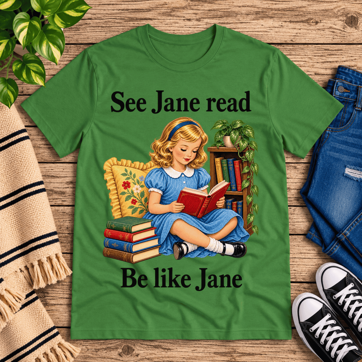 See Jane Read vintage book graphic t-shirt cozy flat lay in leaf.