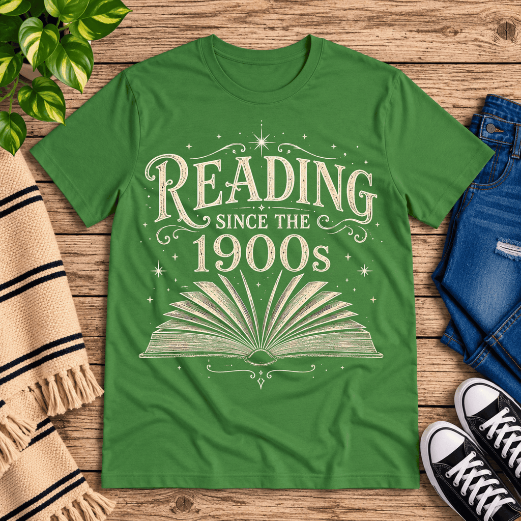 See Jane Read vintage book graphic t-shirt cozy flat lay in leaf.