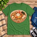 Mushroom float cute food graphic t-shirt cozy flat lay in leaf.