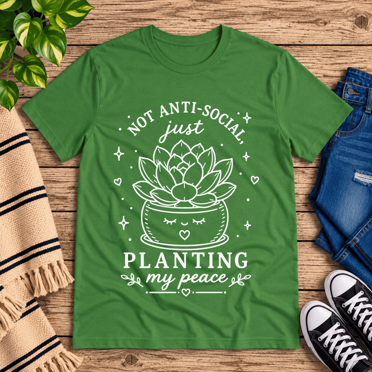 Planting My Peace cute plant graphic t-shirt cozy flat lay in leaf.