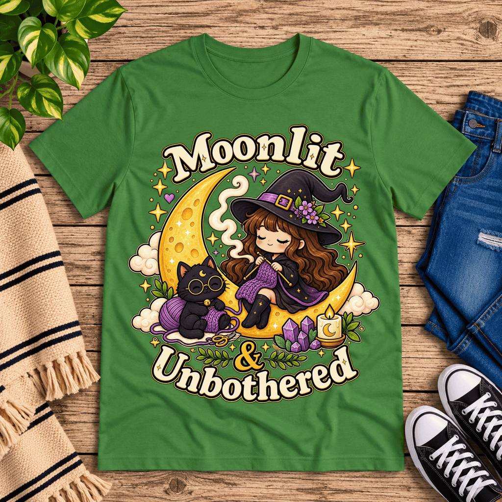 Moonlit & Unbothered cute witchy graphic t-shirt cozy flat lay in leaf.