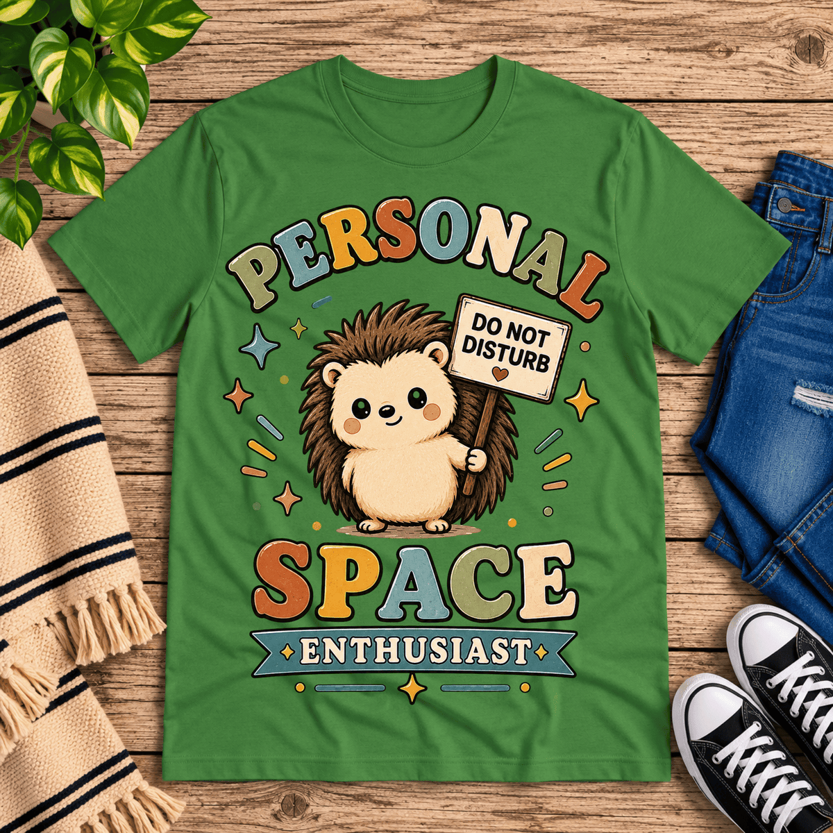 Personal Space Enthusiast cute animal graphic t-shirt cozy flat lay in leaf.