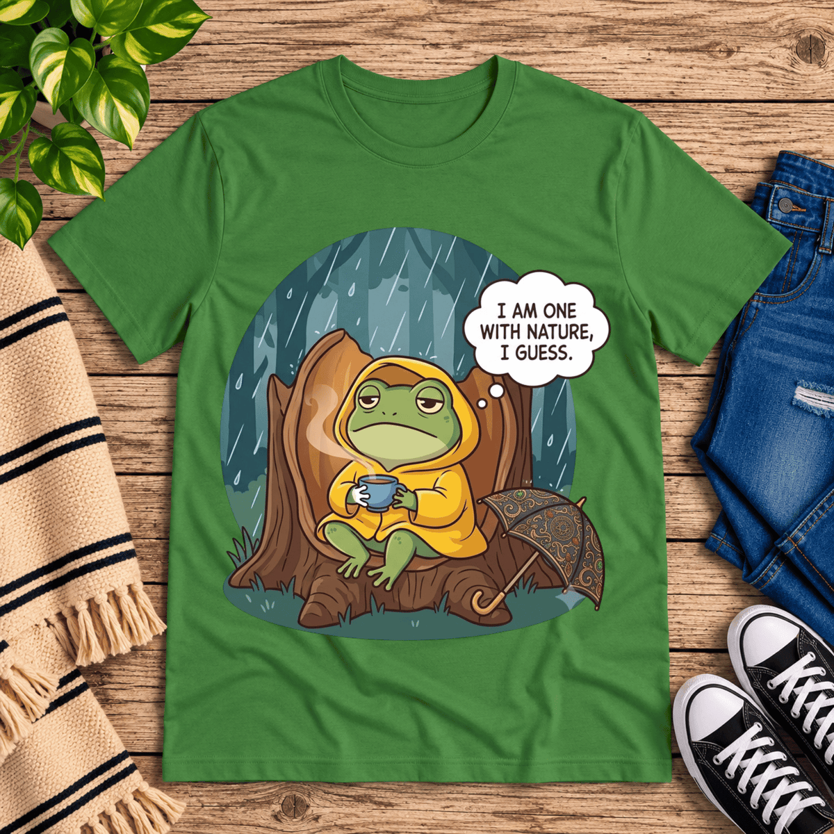 I Am One With Nature cute nature graphic t-shirt cozy flat lay in leaf.