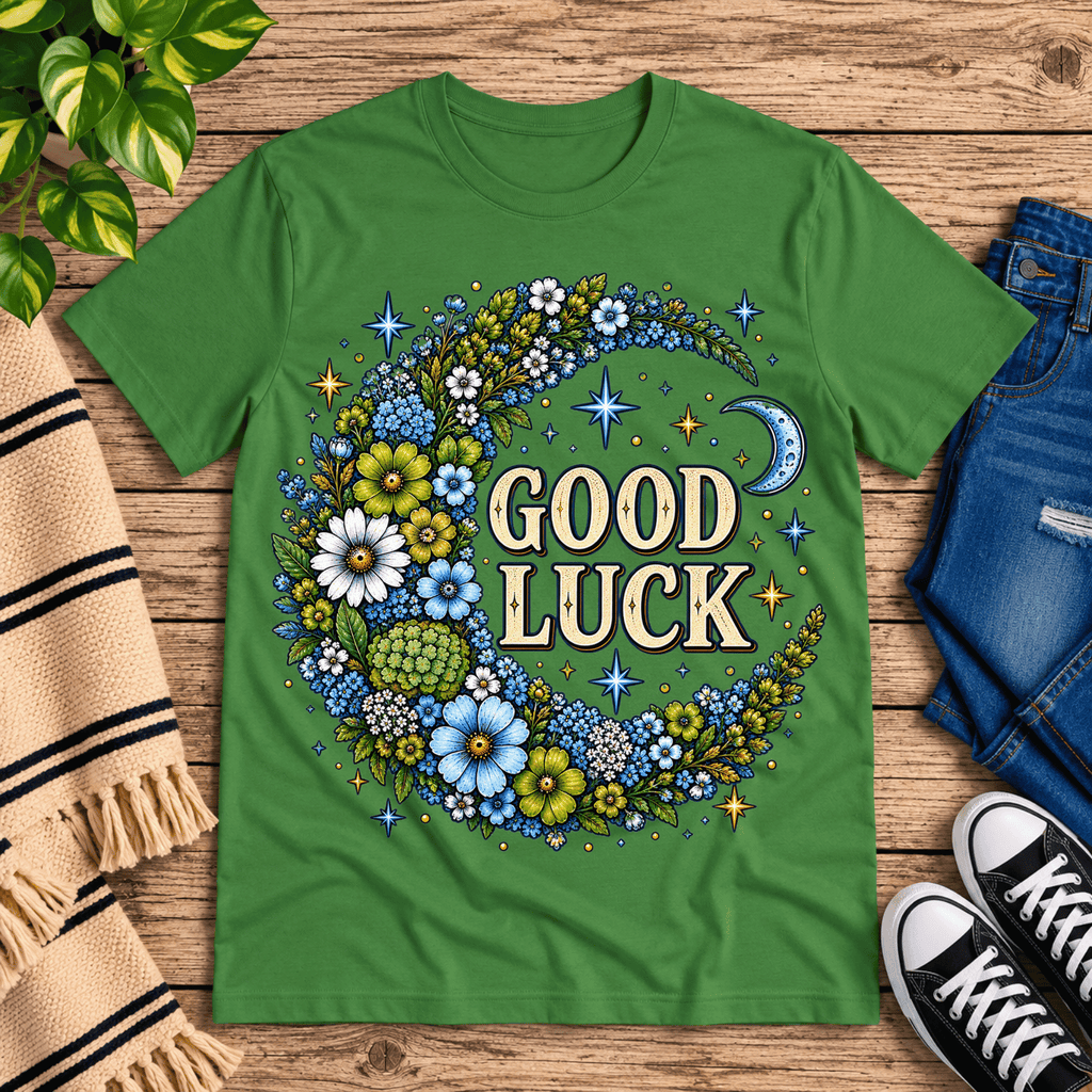 Good Luck In Blue cute celestial graphic t-shirt cozy flat lay in leaf.
