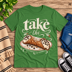 Cannoli cute food graphic t-shirt cozy flat lay in leaf.