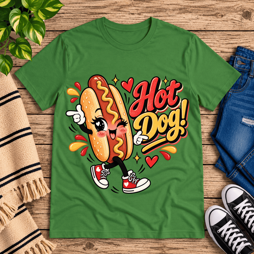 Hot Dog! retro food graphic t-shirt cozy flat lay in leaf.