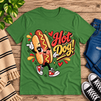 Hot Dog! retro food graphic t-shirt cozy flat lay in leaf.