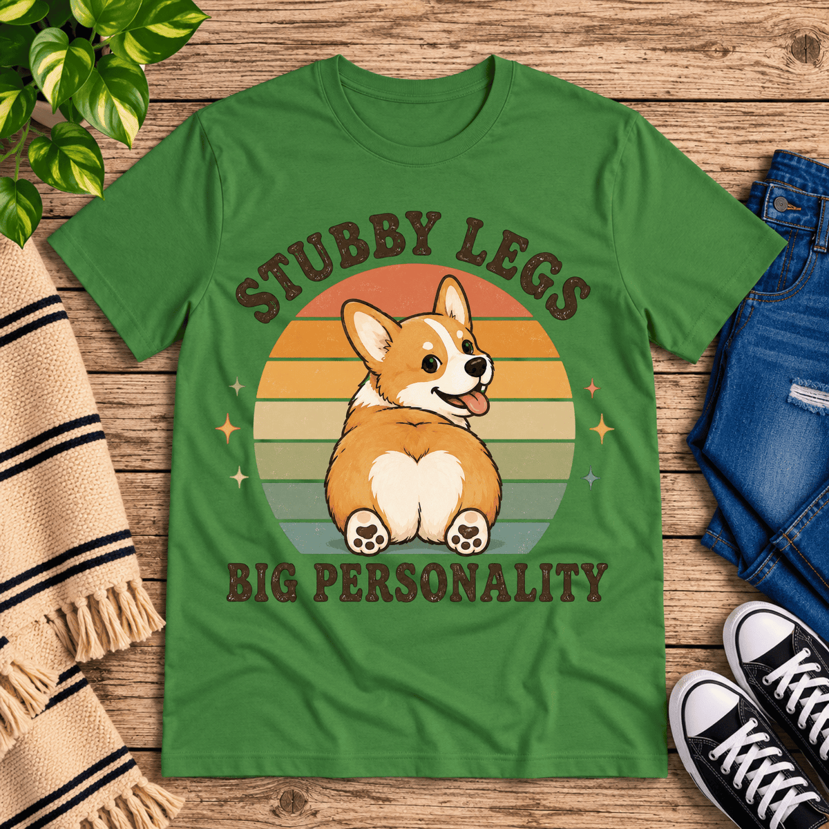 Stubby Legs cute animal graphic t-shirt cozy flat lay in leaf.
