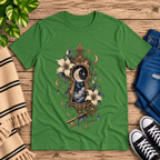 Cosmos Keyhole celestial graphic t-shirt cozy flat lay in leaf.