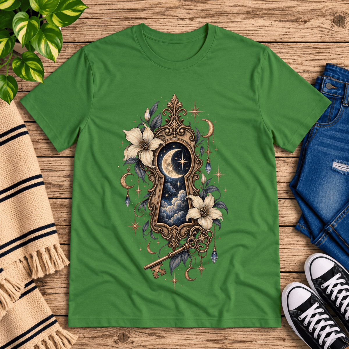 Cosmos Keyhole celestial graphic t-shirt cozy flat lay in leaf.