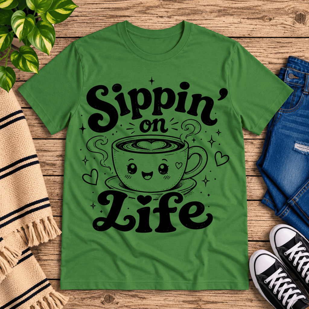 Sippin' on Life cute coffee graphic t-shirt cozy flat lay in leaf.