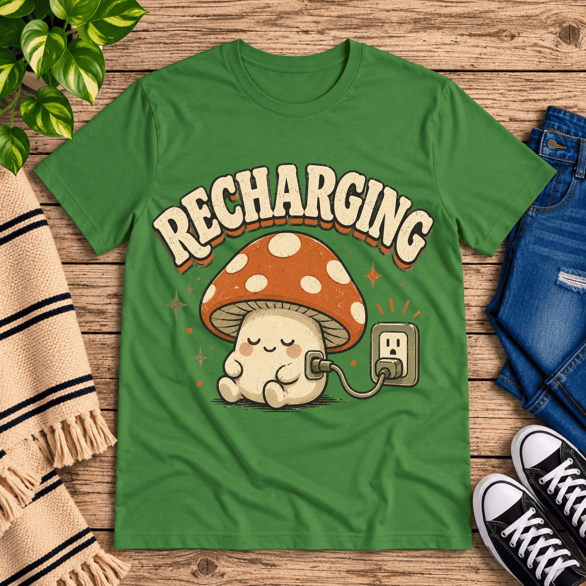 Recharging Mushroom cute cottagecore graphic t-shirt cozy flat lay in leaf.