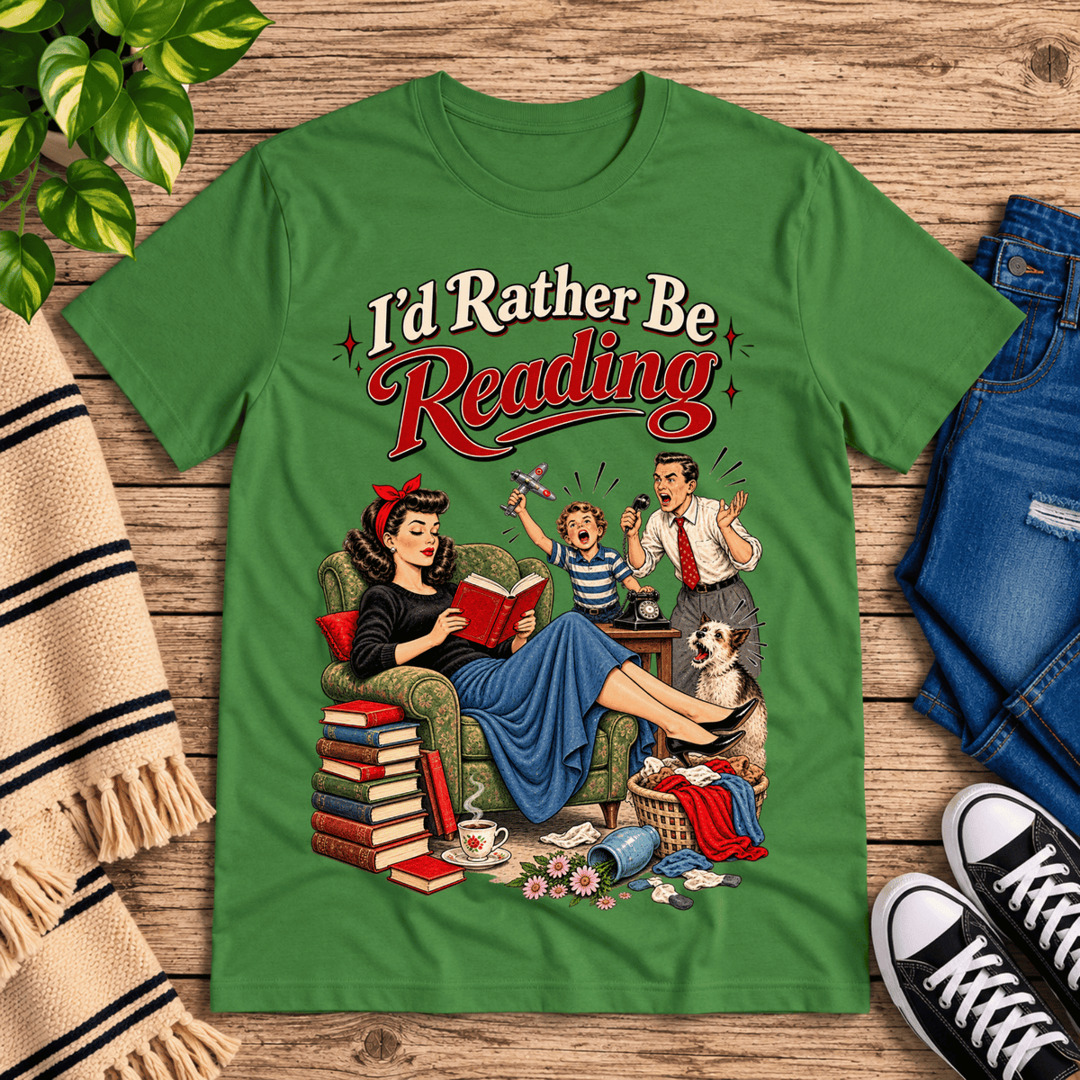 A cozy flat lay mockup of I'd Rather Be retro book graphic t-shirt in leaf.