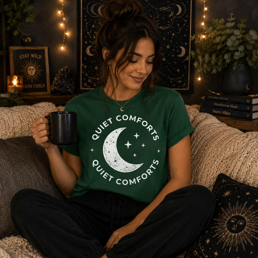 A woman wearing an evergreen Quiet Comforts white print graphic t-shirt drinking coffee.