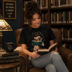 Woman in library wearing Bookworm Betty graphic t-shirt and reading a book.