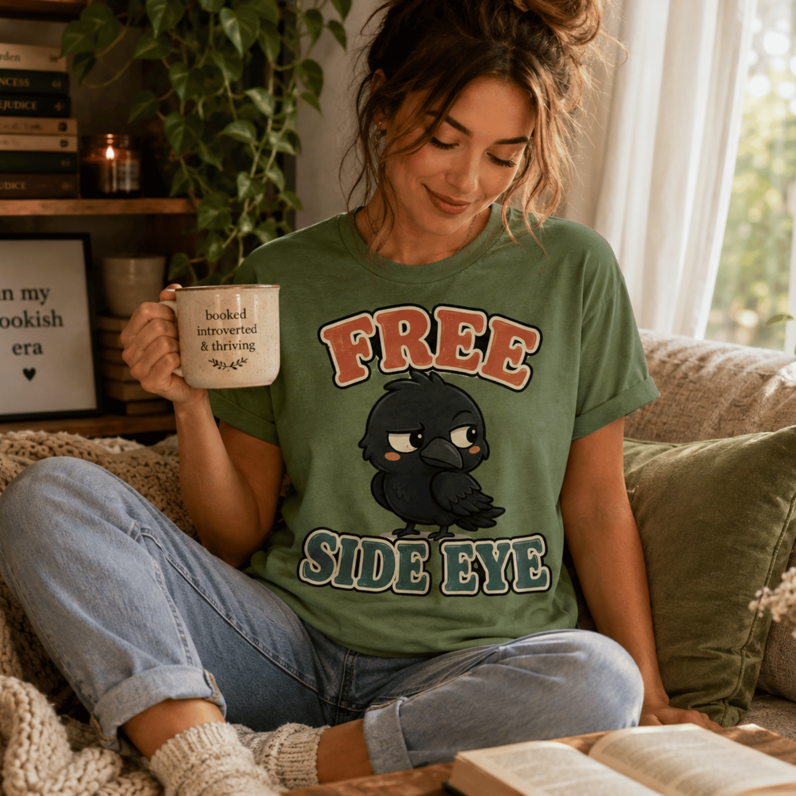 A woman wearing a leaf Free Side Eye graphic t-shirt drinking coffee.