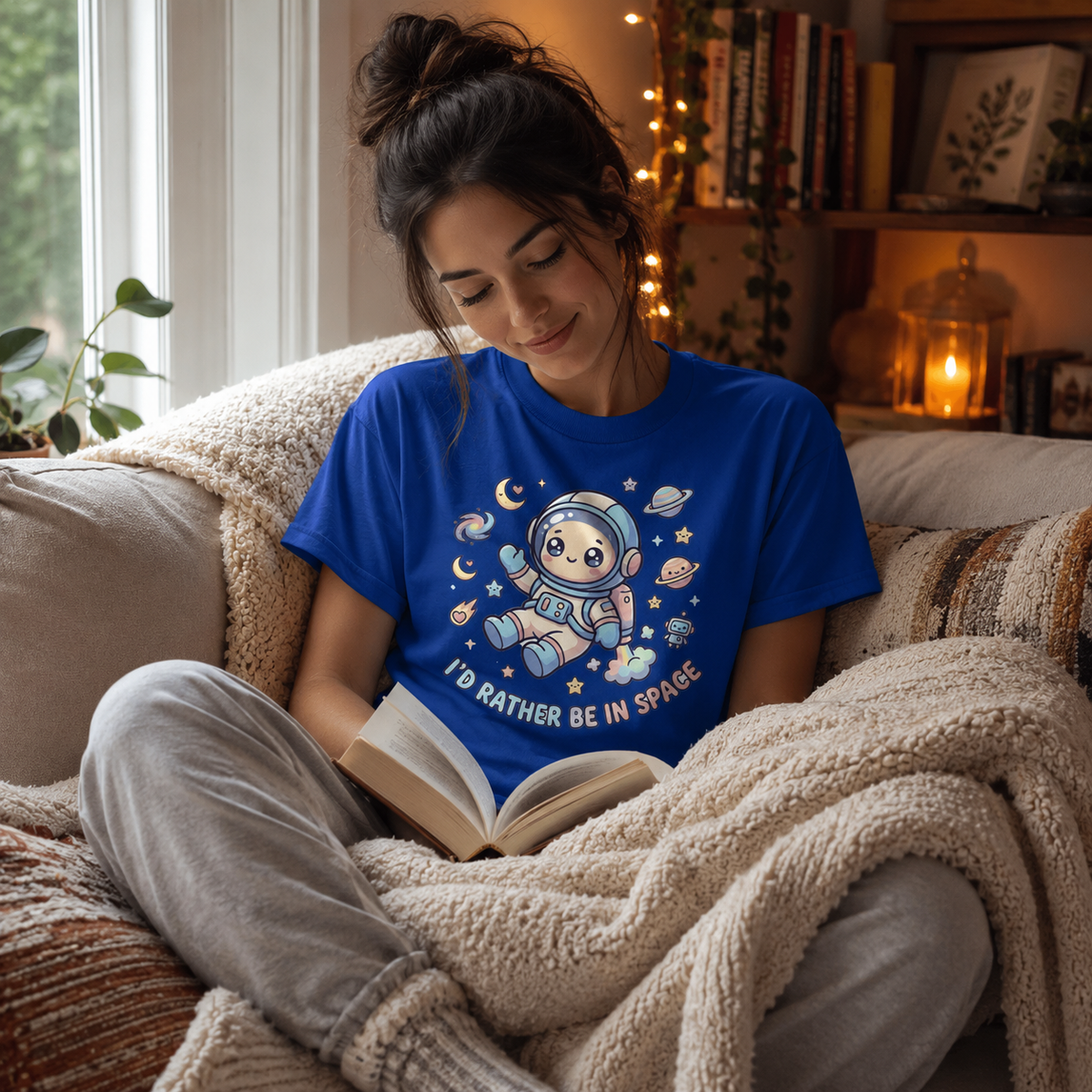 A woman wearing a true royal Floating In Space introvert graphic t-shirt reading a book.