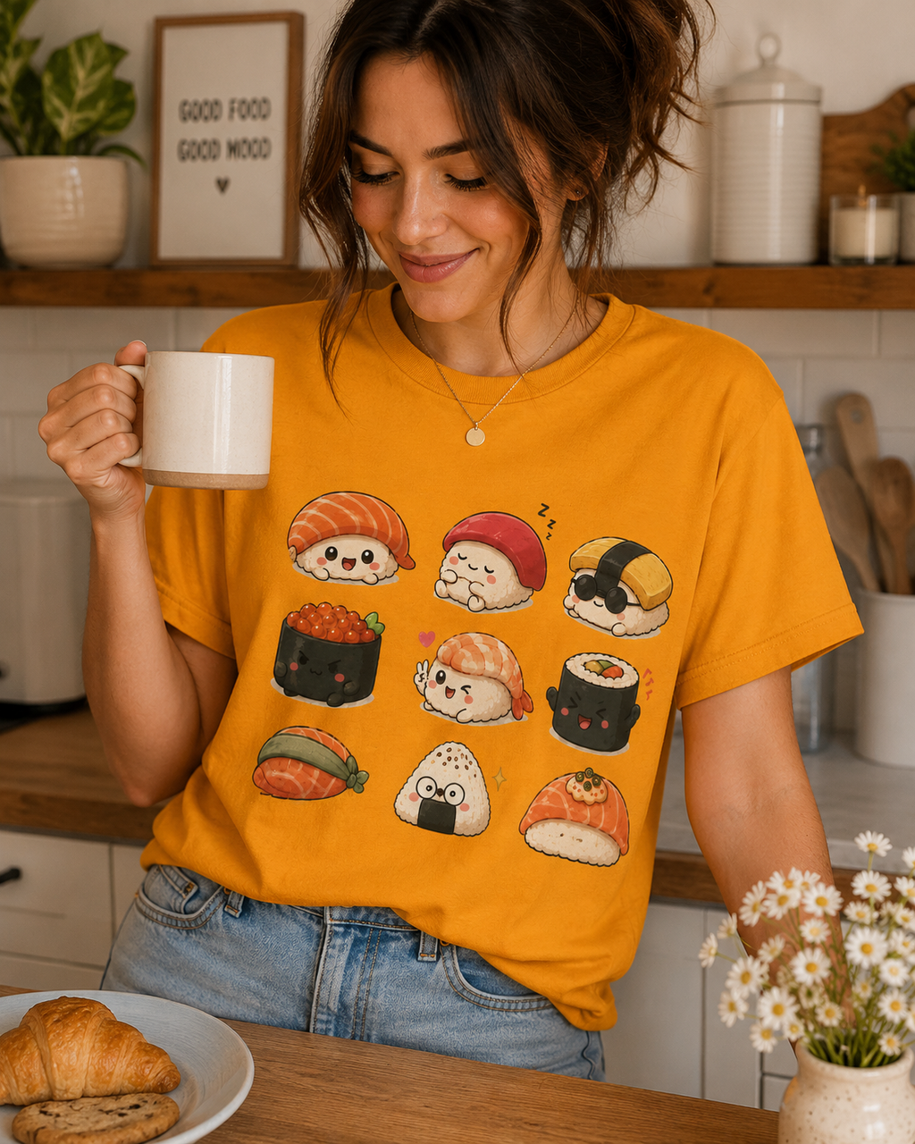 Woman wearing Sushi graphic t-shirt in gold drinking coffee in kitchen.