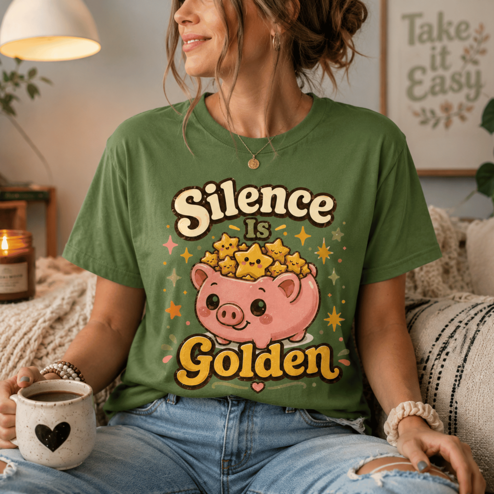 A woman wearing a leaf Silence Is Golden funny introvert graphic t-shirt drinking coffee.