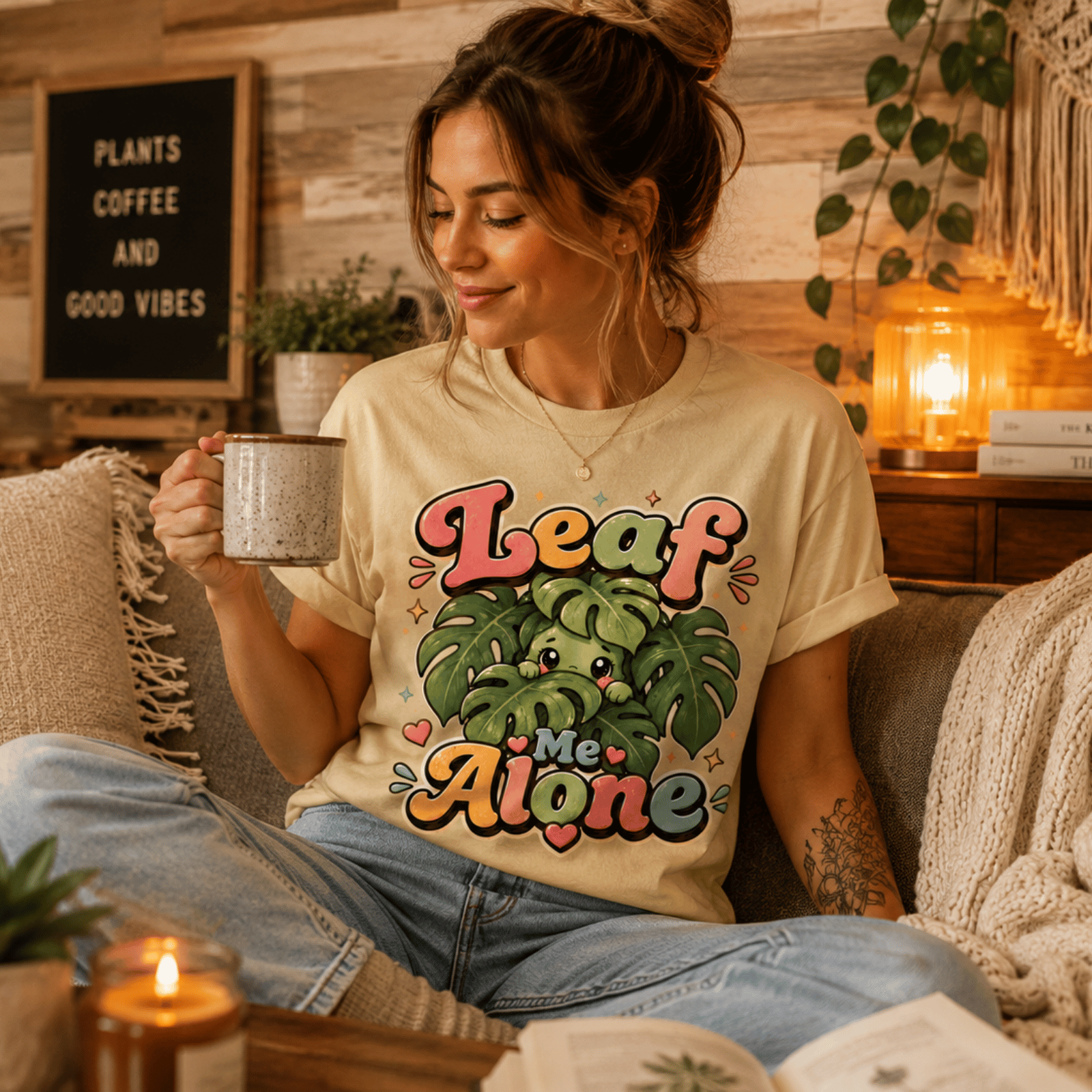 A woman wearing a natural Leaf  Me Alone funny plant graphic t-shirt drinking coffee.