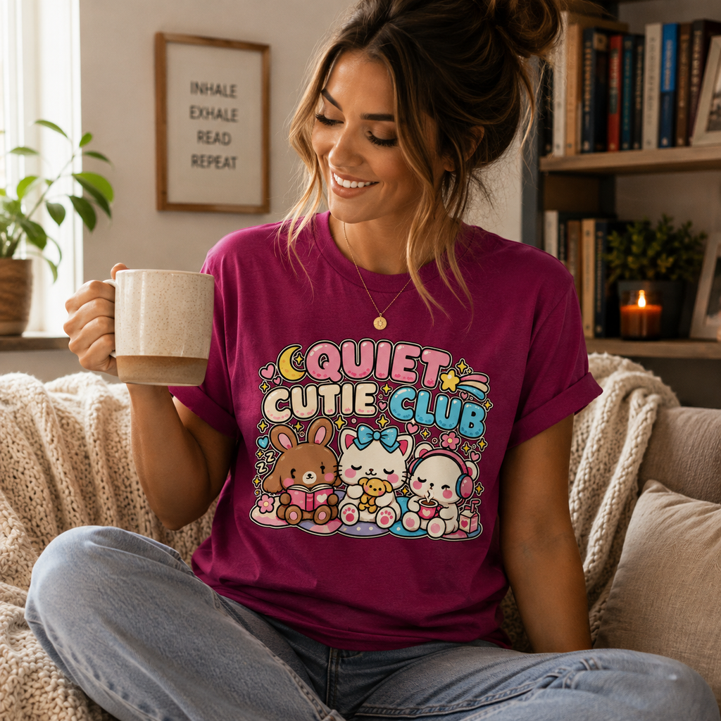 A woman wearing a berry Quiet Cutie Club cute animal graphic t-shirt drinking coffee.
