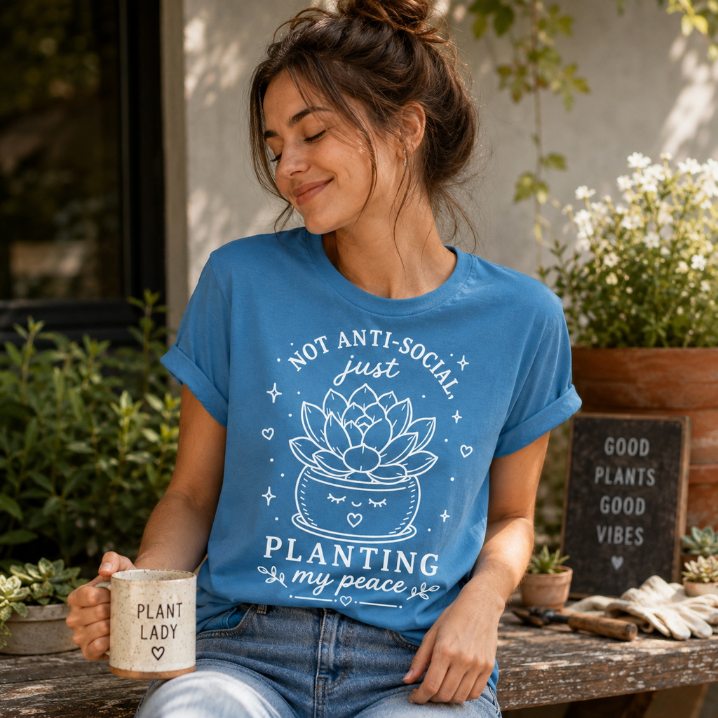 A woman wearing an aqua Planting My Peace cute succulent graphic t-shirt drinking coffee while relaxing outside.