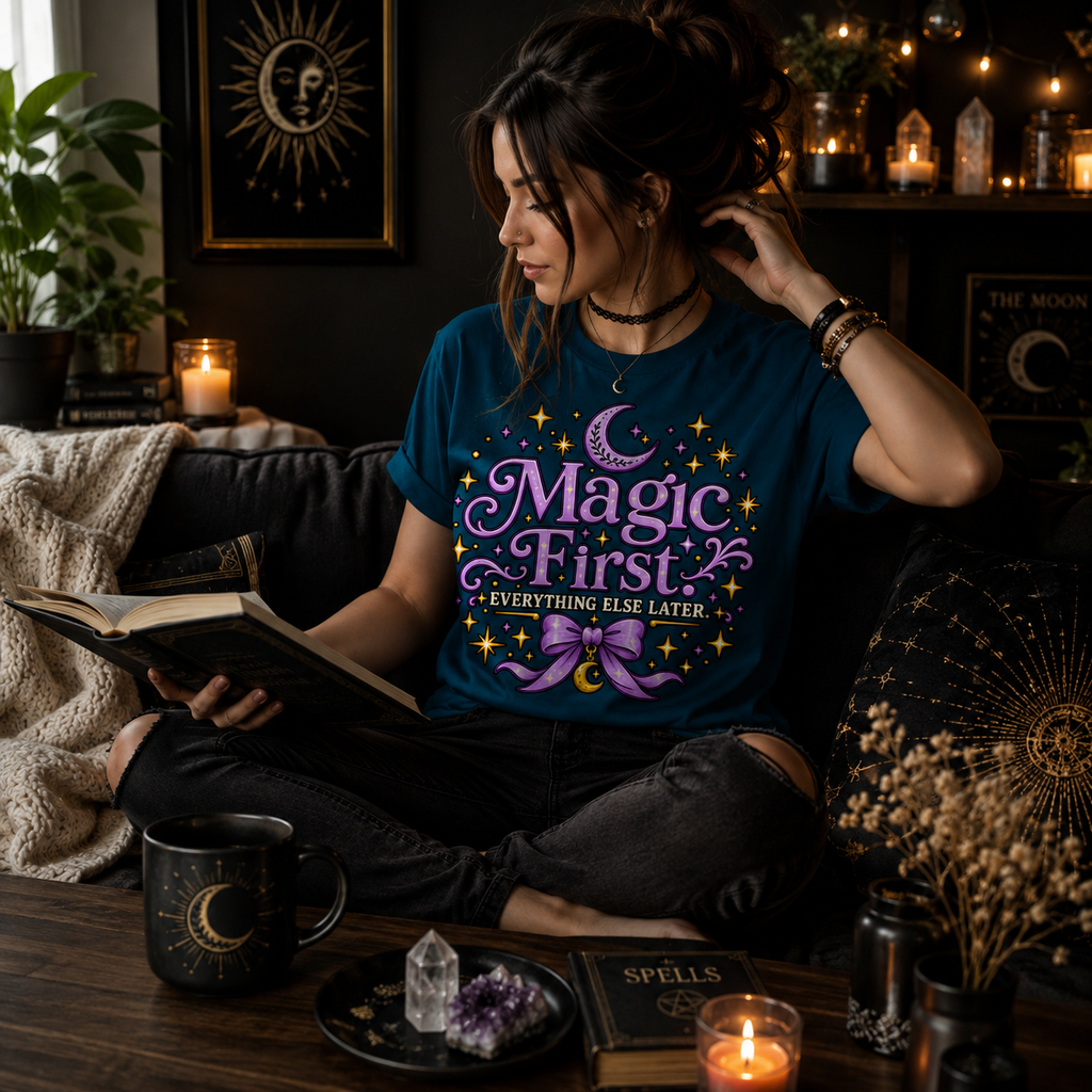 A woman wearing a deep teal Magic First cute celestial graphic t-shirt reading a book.