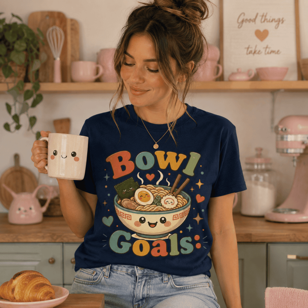 Woman wearing Bowl Goals graphic t-shirt in navy sitting on kitchen stool, drinking coffee.