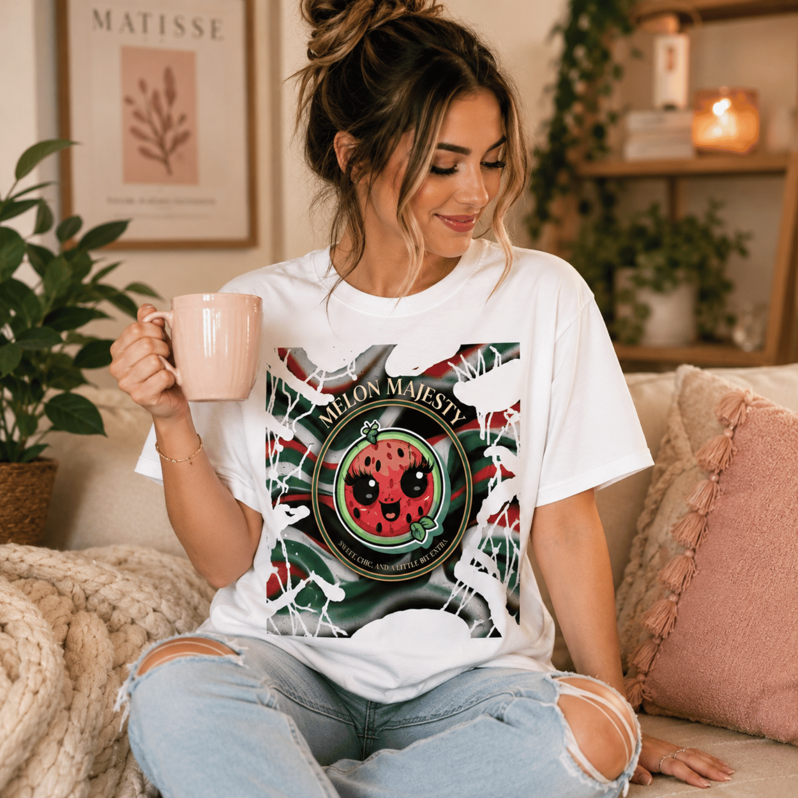Woman wearing Melon Majesty graphic t-shirt in white sitting on couch drinking coffee.