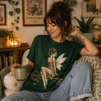 Woman relaxing in cozy living room wearing a Fairy Key in evergreen.