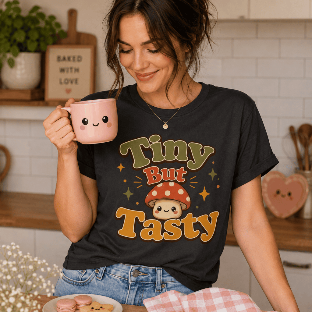 Woman wearing Tiny But Tasty graphic t-shirt in vintage black drinking coffee in kitchen.
