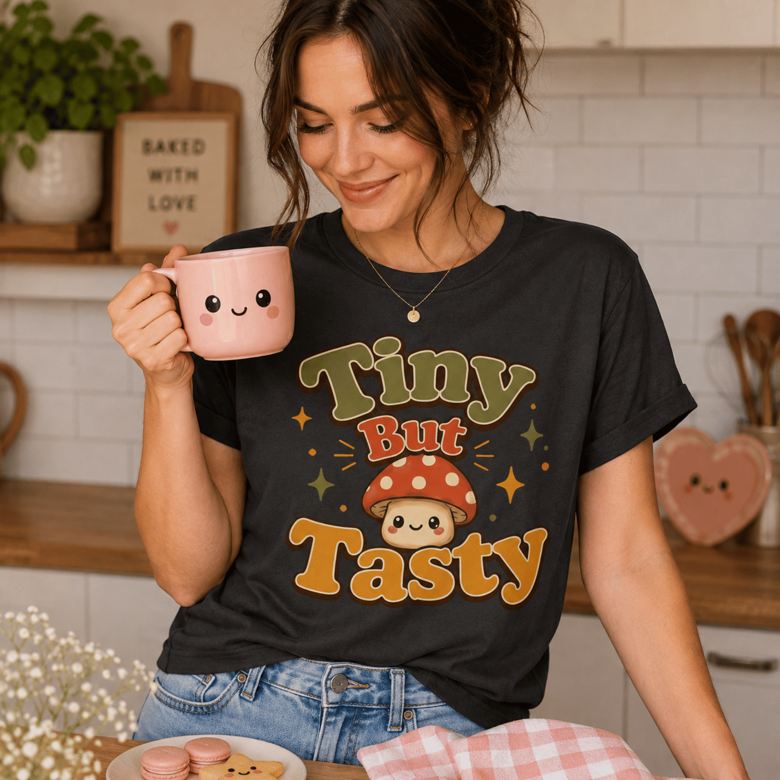 Woman wearing Tiny But Tasty graphic t-shirt in vintage black drinking coffee in kitchen.
